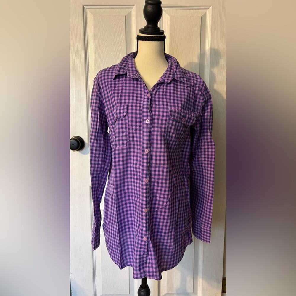 Nollie Button Down Shirt Women's XL Gingham Purple 100% Cotton Casual